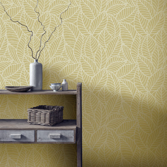 Leaf Lines Ochre Wallpaper