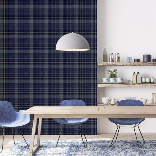 Twilled Plaid Navy/Gold Wallpaper