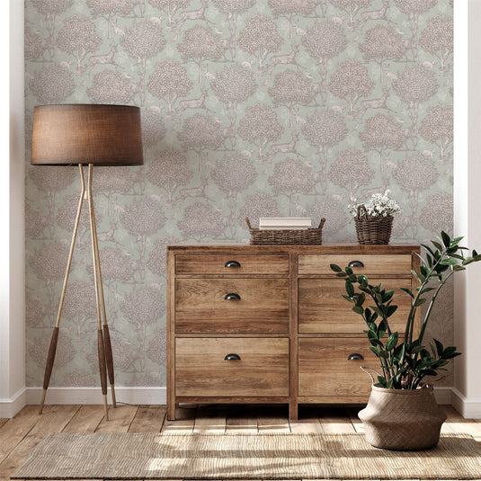 Woodland Scene Sage Green Wallpaper