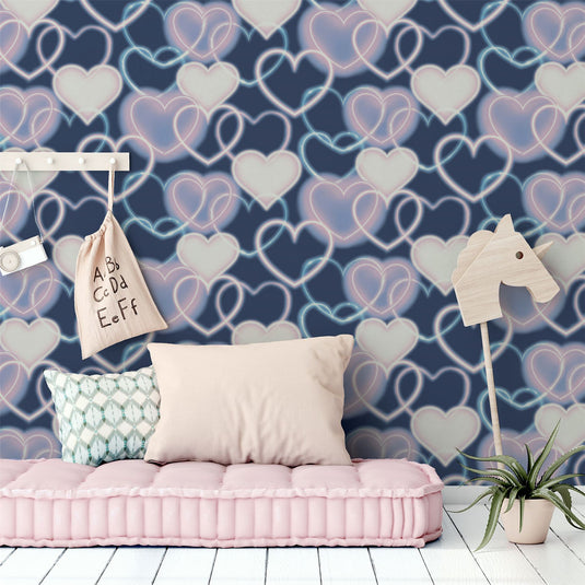 Neon Heart Wall Navy Pink Wallpaper