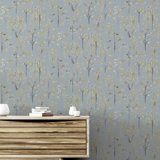 Watercolour Tree Grey/Ochre Wallpaper