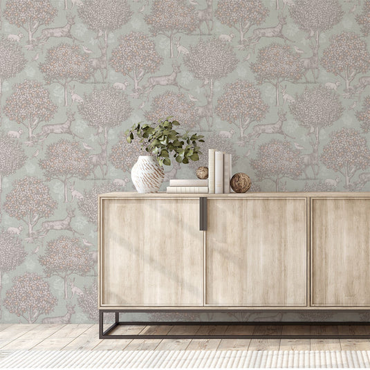 Woodland Scene Sage Green Wallpaper