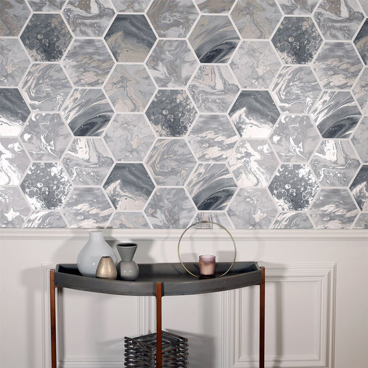 Marbled Hex Charcoal/Rose Gold Wallpaper