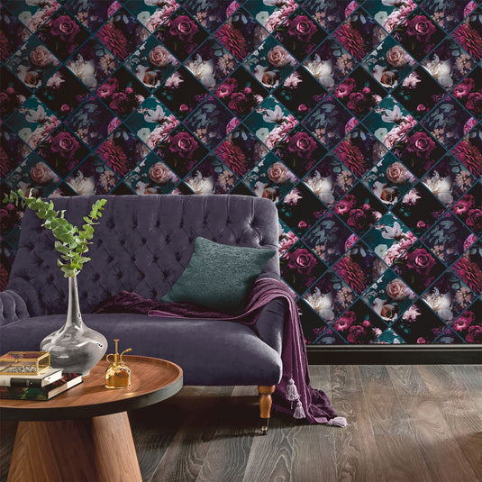 Floral Collage Plum & Teal Wallpaper