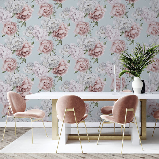 Mixed Peonies Mint Wallpaper