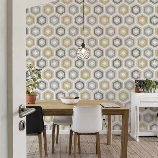 Ikat Geo Ochre & Grey Wallpaper