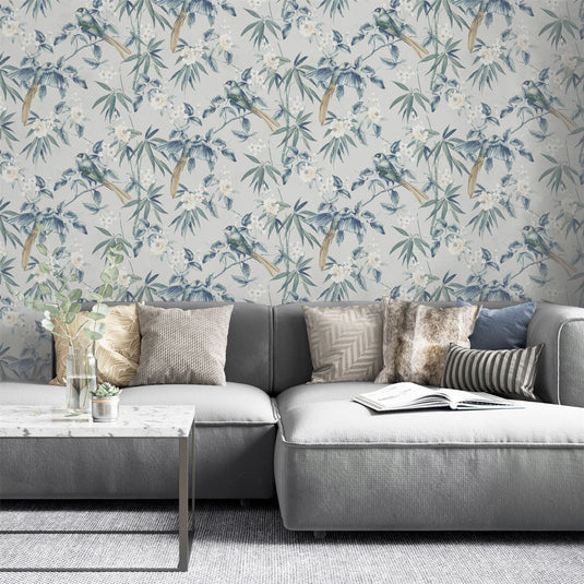 Oriental Floral Birds Grey/Blue Wallpaper