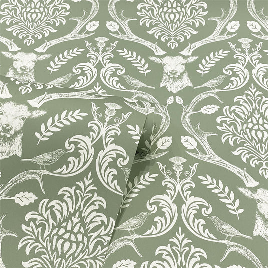 Stag Damask Sage Green Wallpaper