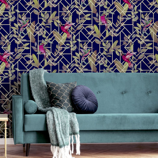 Deco Tropical Navy/Gold Wallpaper