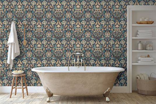 Folk Floral Navy Wallpaper