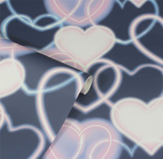 Neon Heart Wall Navy Pink Wallpaper