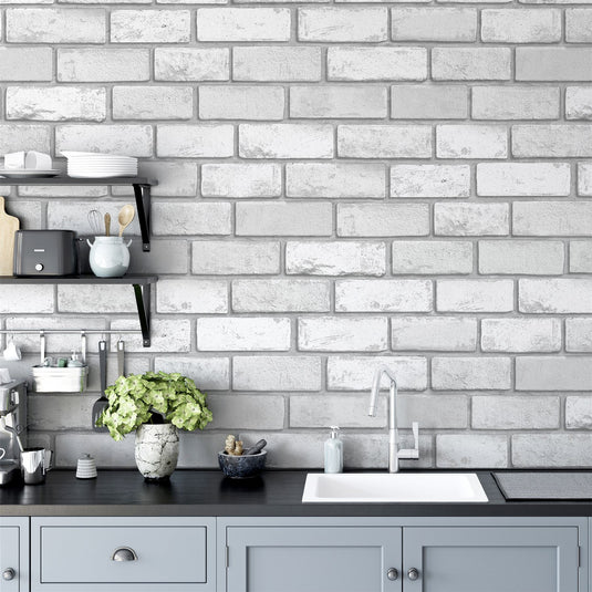 Metallic Brick White/Silver Wallpaper