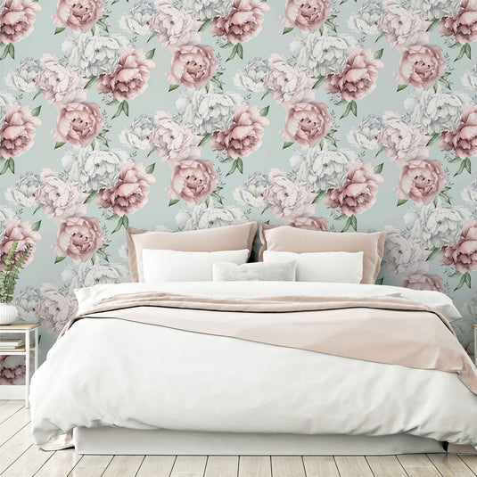 Mixed Peonies Mint Wallpaper