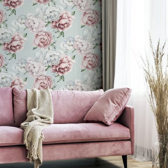 Mixed Peonies Mint Wallpaper