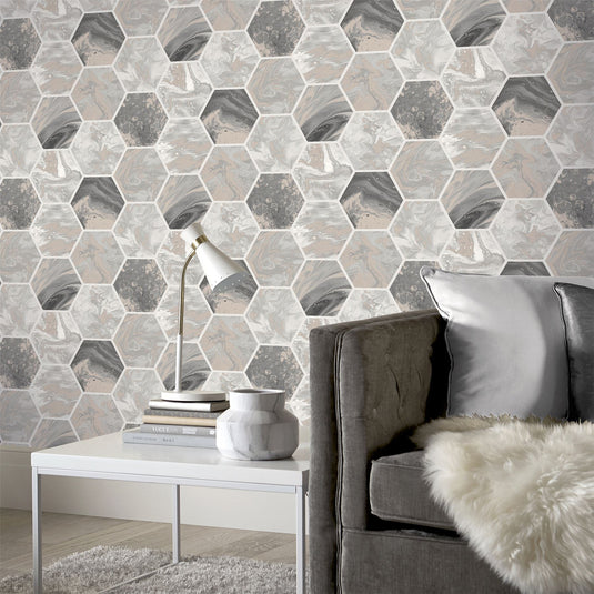 Marbled Hex Charcoal/Rose Gold Wallpaper