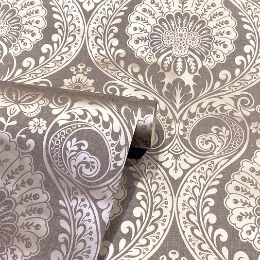 Luxe Damask Chocolate Rose Gold Wallpaper