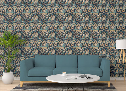 Folk Floral Navy Wallpaper