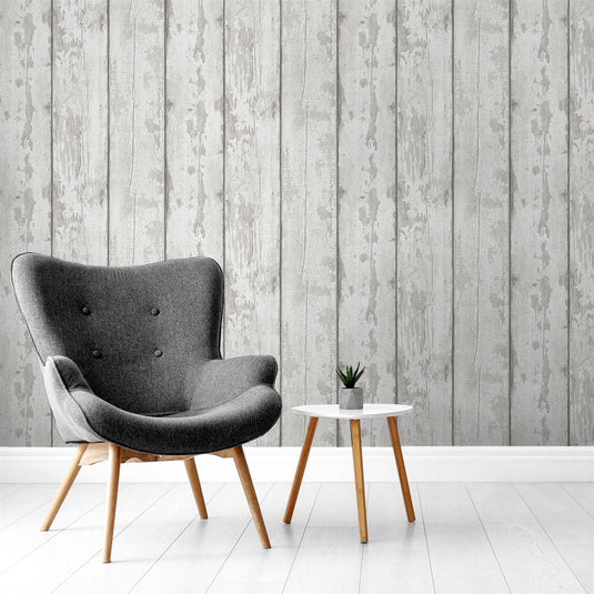 Metallic Washed Wood Grey/Silver Wallpaper