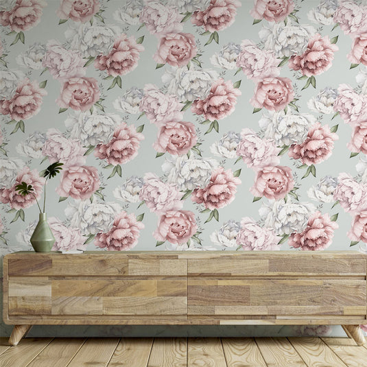 Mixed Peonies Mint Wallpaper