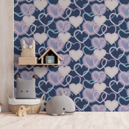 Neon Heart Wall Navy Pink Wallpaper