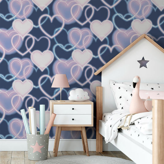 Neon Heart Wall Navy Pink Wallpaper