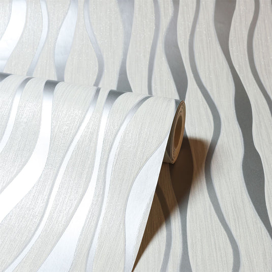 Metallic Wave White/Silver Wallpaper