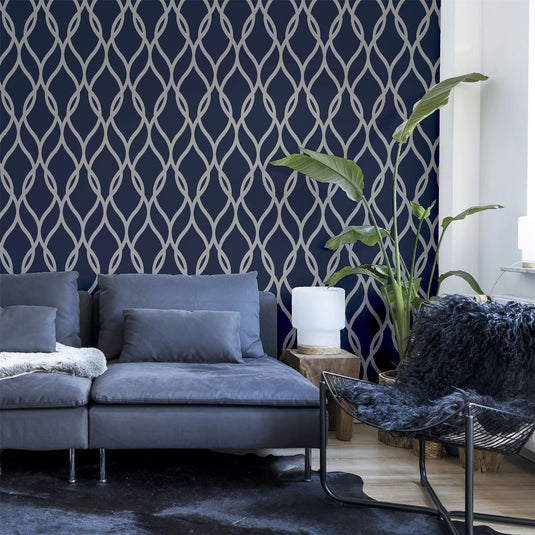 Sequin Trellis Navy/Silver Wallpaper