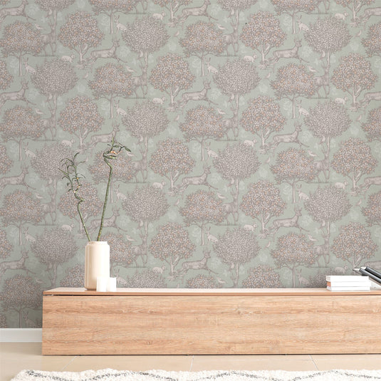 Woodland Scene Sage Green Wallpaper