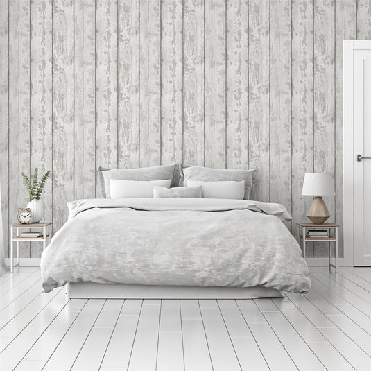 Metallic Washed Wood Grey/Silver Wallpaper