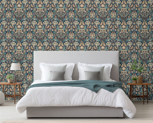 Folk Floral Navy Wallpaper