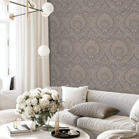 Luxe Damask Chocolate Rose Gold Wallpaper sw12