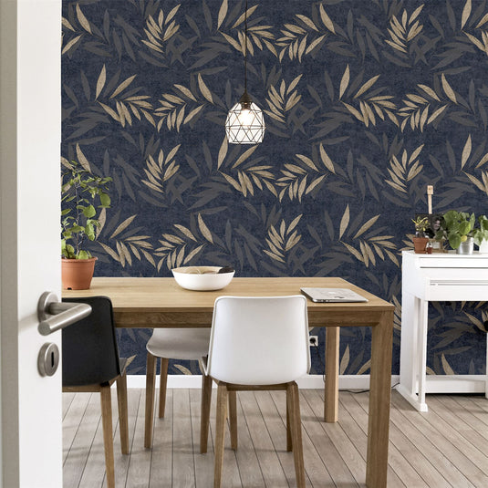 Luxury Leaf Navy Champagne Wallpaper