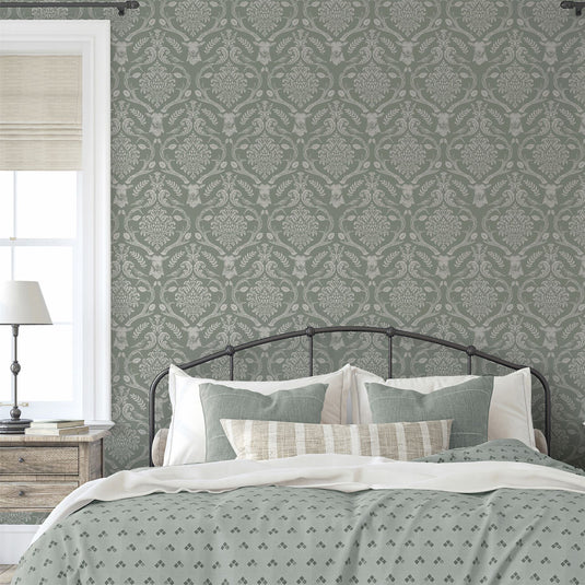 Stag Damask Sage Green Wallpaper