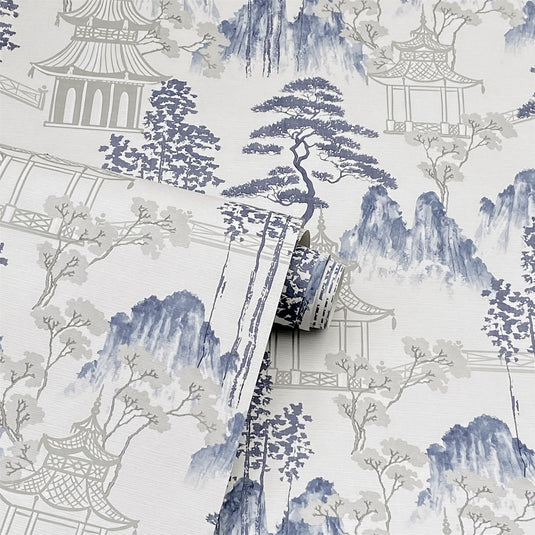 Japanese Pagoda Blue Grey Wallpaper