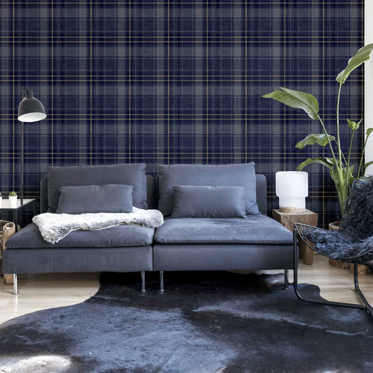 Twilled Plaid Navy/Gold Wallpaper