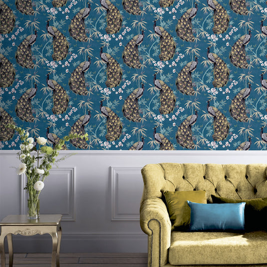 Opulent Peacock Teal & Gold Wallpaper