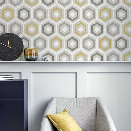 Ikat Geo Ochre & Grey Wallpaper