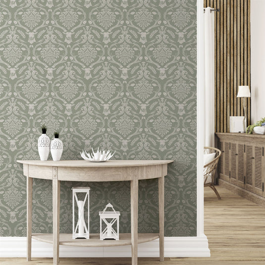 Stag Damask Sage Green Wallpaper