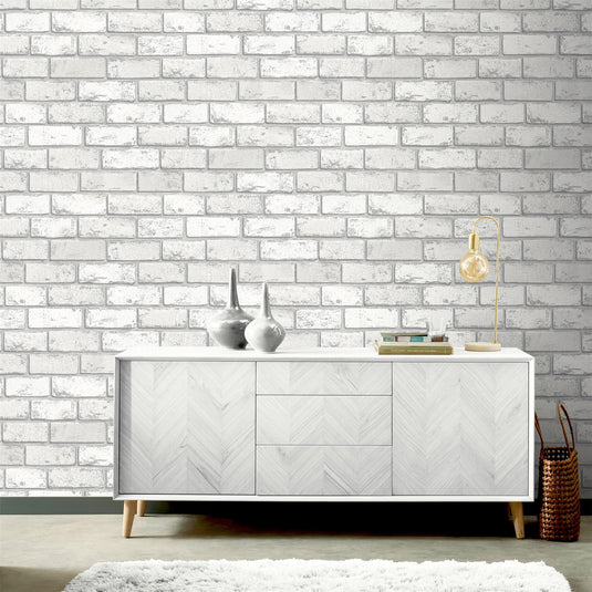 Metallic Brick White/Silver Wallpaper