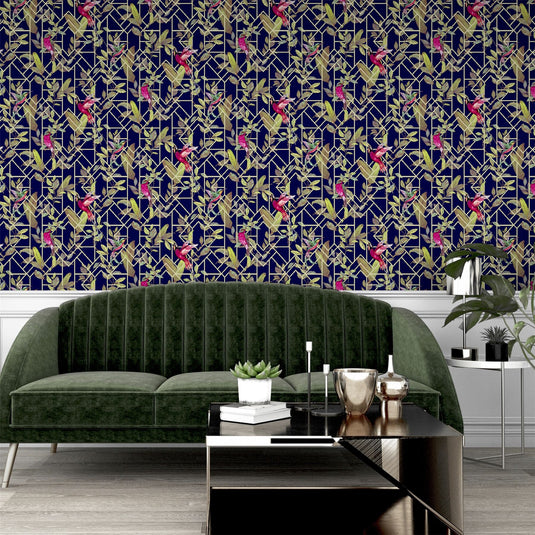 Deco Tropical Navy/Gold Wallpaper