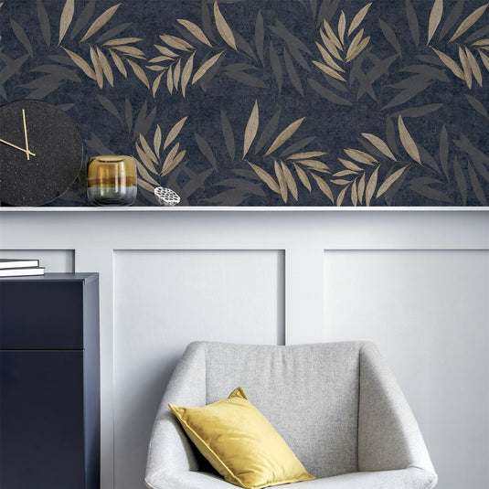 Luxury Leaf Navy Champagne Wallpaper